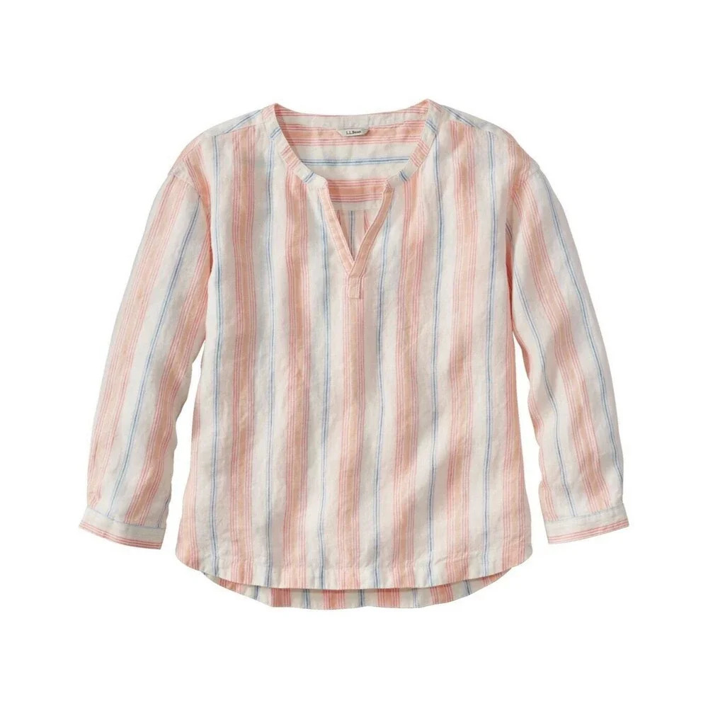 NWT L.L. Bean Women's Premium Linen Shirt Splitneck Stripe Sunrise Pink - Picture 1 of 8